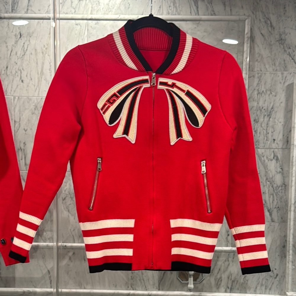 Red Applique Bow Cardigan Zip Up
